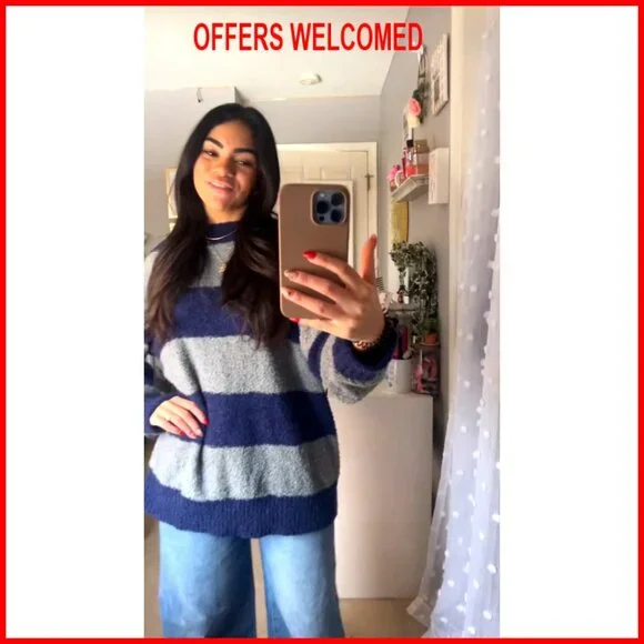 Oversized Striped Pullover Sweater, Crewneck Knit Top, Long Sleeve - Picture 6 of 7